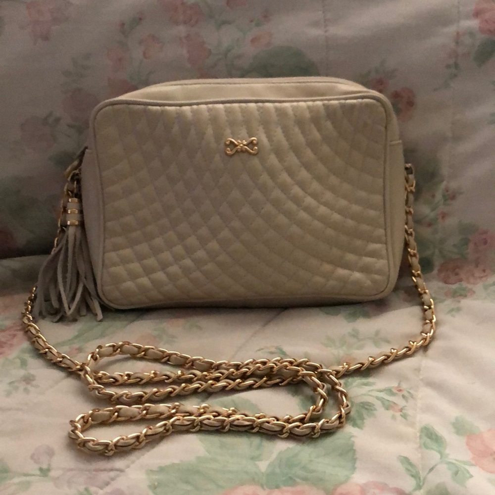 Cream with gold chain evening bag.